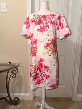 Jessica Howard Floral Pink Shift Dress with Puff Sleeves